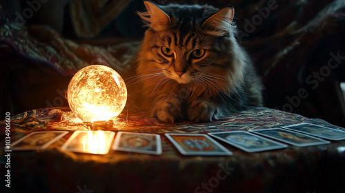 A cat perched on a table with a glowing crystal ball, surrounded by tarot cards and mystical decorations. A dark, starry backdrop enhances the magical feel. photo