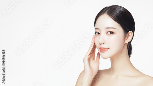 Beautiful young asian woman with clean fresh skin on white background, Face care, Facial treatment, Cosmetology, beauty and spa, Asian women portrait.