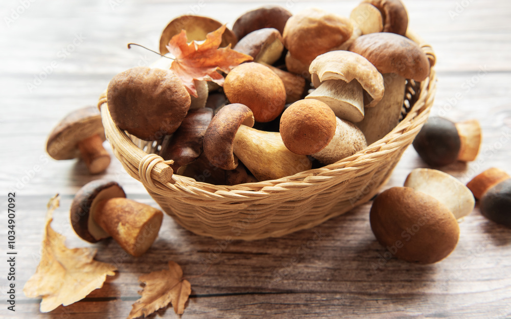 A woven basket filled with various mushrooms and autumn leaves on a wooden surface in a cozy kitchen setting A woven basket filled with various mushrooms and autumn leaves on a wooden surface in a cozy kitchen setting