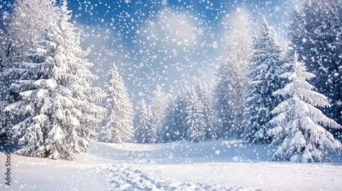 Captivating snowfall in a beautiful winter wonderland, soft snowflakes create an enchanting scene for holiday designs.