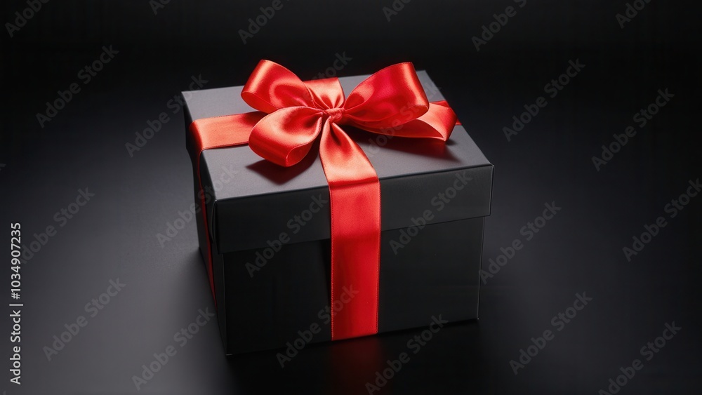 Obraz premium Elegant Black Gift Box with Red Ribbon. A sleek black gift box with a vibrant red satin ribbon bow, set against a dark background. Perfect for festive, luxury, or promotional designs