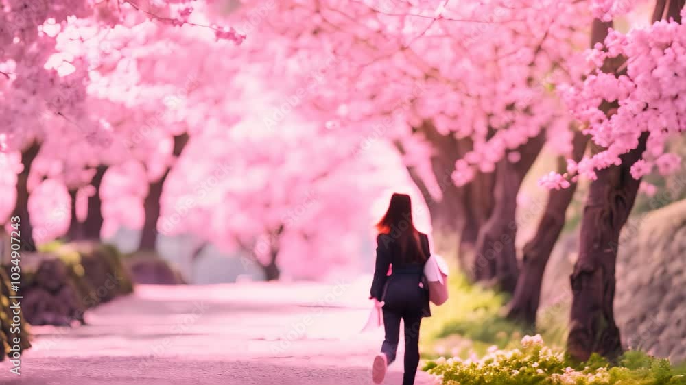 A woman walking down a road surrounded by trees, with foliage and branches stretching over her path, A woman strolling under cherry blossom trees A woman walking down a road surrounded by trees, with foliage and branches stretching over her path, A woman strolling under cherry blossom trees