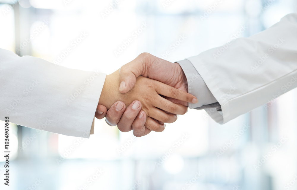 Handshake, people and doctors for deal in hospital of healthcare agreement, partnership and welcome. Surgeon, meeting and medical promotion of surgery, introduction and b2b opportunity for onboarding Handshake, people and doctors for deal in hospital of healthcare agreement, partnership and welcome. Surgeon, meeting and medical promotion of surgery, introduction and b2b opportunity for onboarding