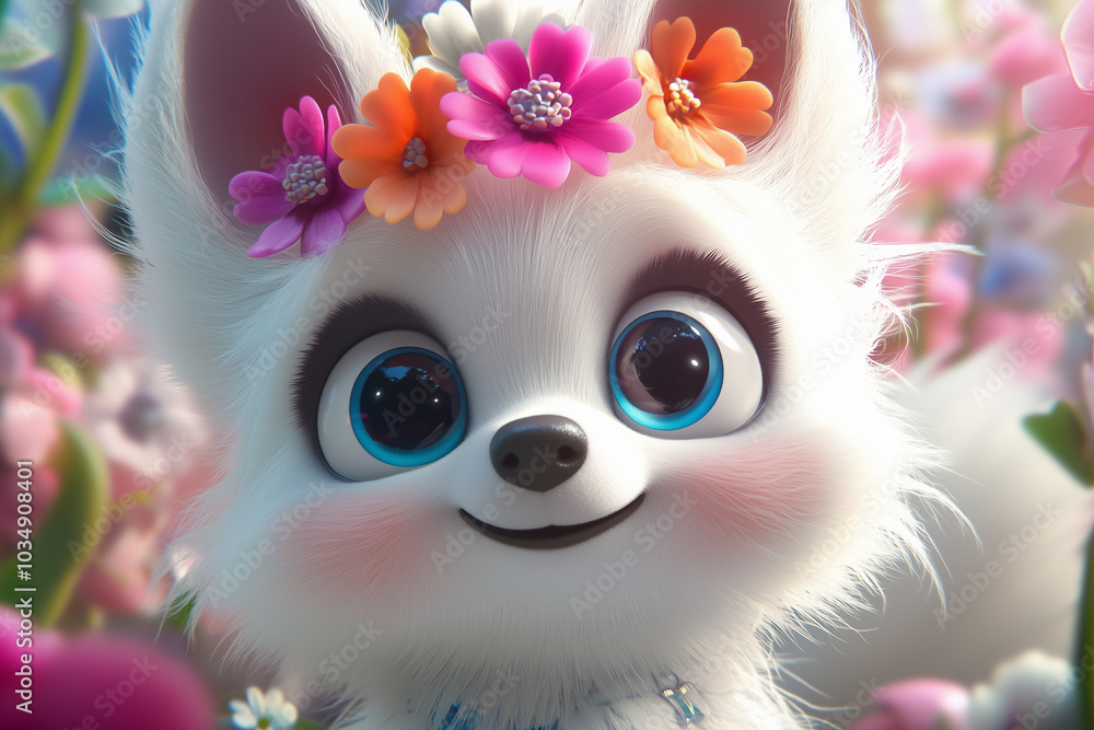 Fototapeta premium Cute Cartoon Fox with Flowers