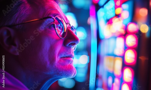 Close-up of man's face illuminated by neon lights.