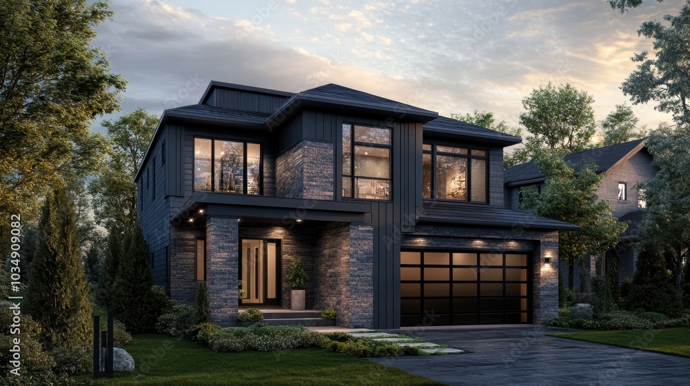 Contemporary dwelling with dark gray siding and natural stone cladding, featuring a single-car garage in modern style Contemporary dwelling with dark gray siding and natural stone cladding, featuring a single-car garage in modern style
