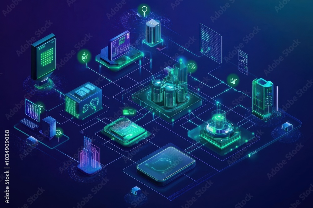 Illustrate a blockchain-enabled IoT ecosystem, devices communicate and execute commands autonomously via smart contracts, showcasing a secure, self-operating, and efficient technological environment Illustrate a blockchain-enabled IoT ecosystem, devices communicate and execute commands autonomously via smart contracts, showcasing a secure, self-operating, and efficient technological environment