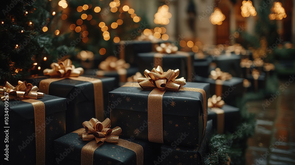 A row of black boxes with gold bows on them A row of black boxes with gold bows on them