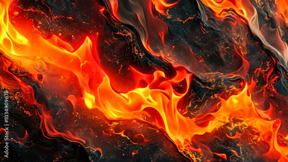 This close-up Video captures the intricate fire pattern adorning a black surface, Abstract background resembling flowing magma This close-up Video captures the intricate fire pattern adorning a black surface, Abstract background resembling flowing magma