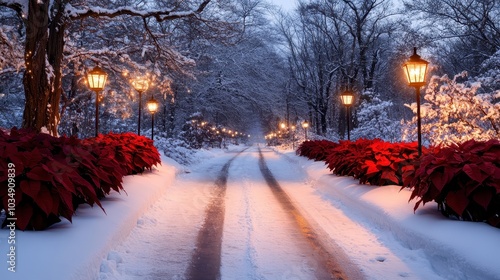 A snow-covered road with red poinsettias lining the sides #1034909839