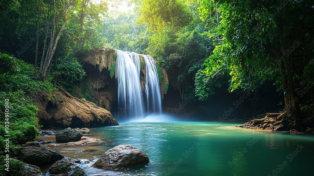 Serene Waterfall in Lush Green Jungle Serene Waterfall in Lush Green Jungle