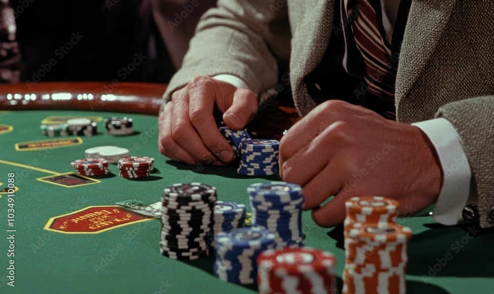 A hand pushes chips on a green felt table. A hand pushes chips on a green felt table.