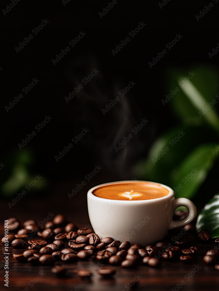 Aromatic espresso with coffee beans and green leaves