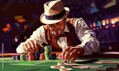 A man in a fedora plays poker. photo