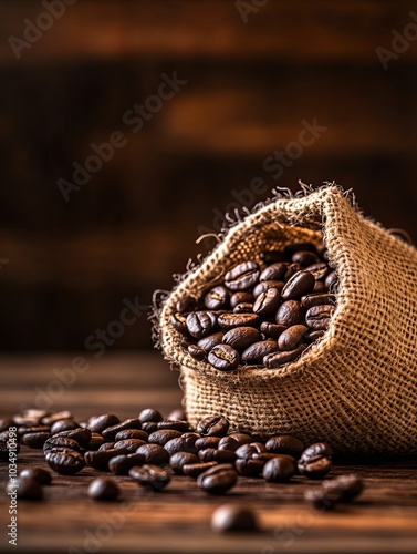 Freshly roasted coffee beans spilling from a burlap sack