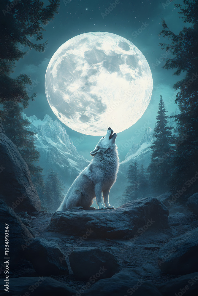 Wolf Howling at the Full Moon in a Majestic Mountain Landscape Wolf Howling at the Full Moon in a Majestic Mountain Landscape