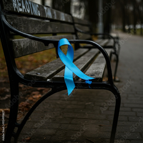 Park bench with a blue ribb...