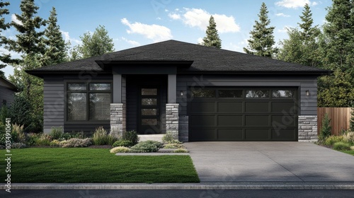 Dark gray siding home with natural stone cladding, featuring a single-car garage and minimalist landscaping