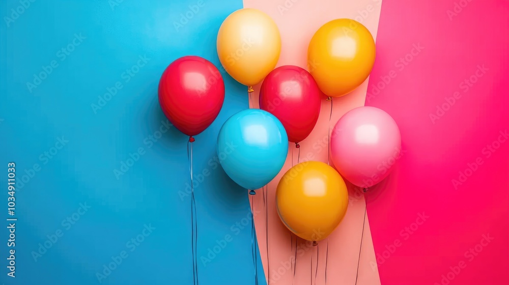 Colorful balloons clustered on a vibrant two tone backdrop Colorful balloons clustered on a vibrant two tone backdrop