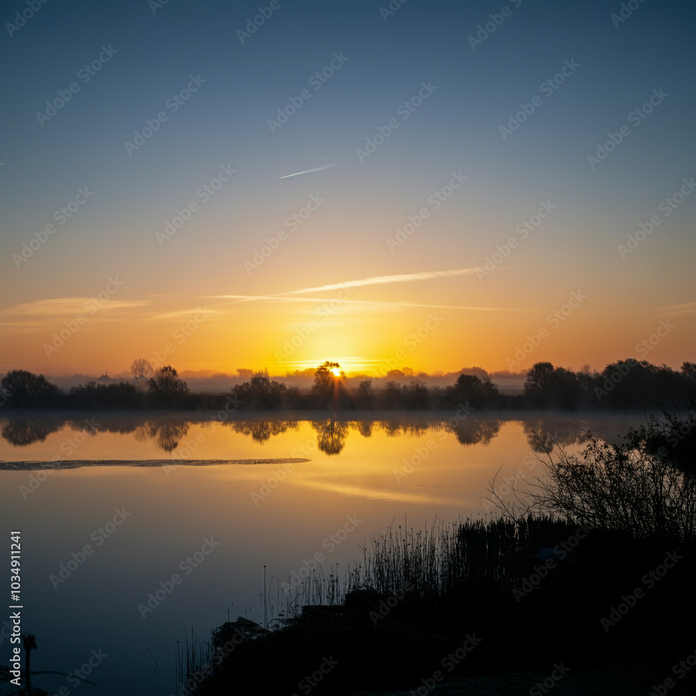 Obraz premium Sunrise over a calm lake, symbolizing tranquility, renewal, and the beauty of nature