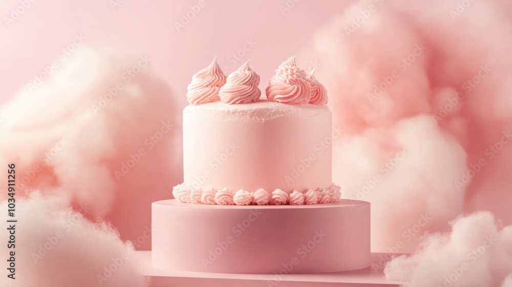 Cake shaped product displayed on a podium with cotton candy against a soft pastel background Cake shaped product displayed on a podium with cotton candy against a soft pastel background