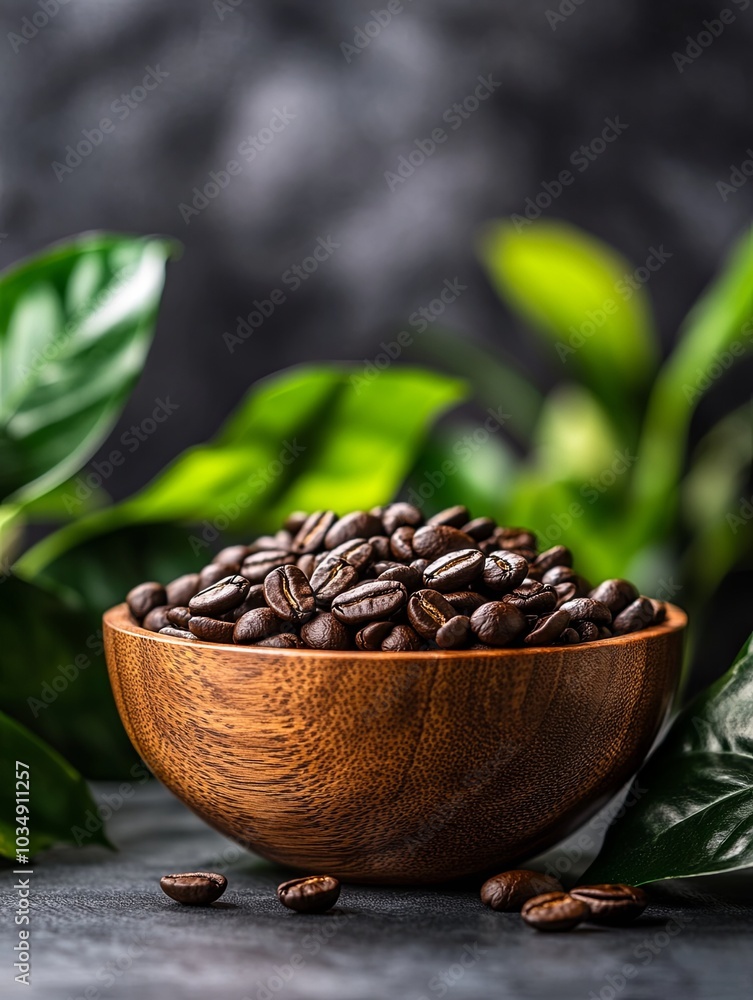 Rustic wooden bowl filled with aromatic coffee beans Rustic wooden bowl filled with aromatic coffee beans