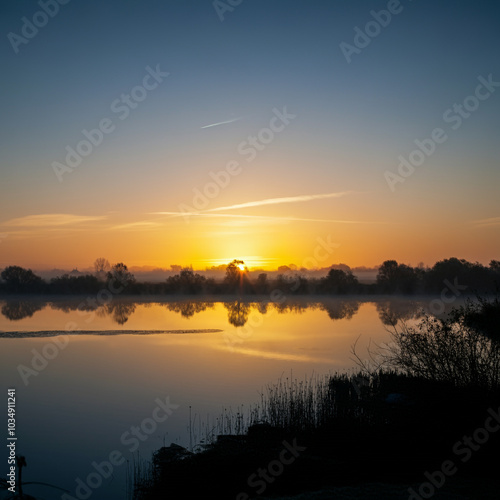 Sunrise over a calm lake, symbolizing tranquility, renewal, and the beauty of nature