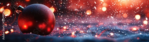 A red Christmas ornament sits on a snowy ground