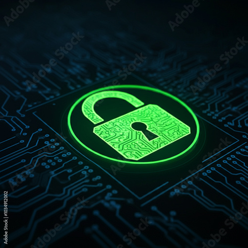 Green padlock icon on a cir...