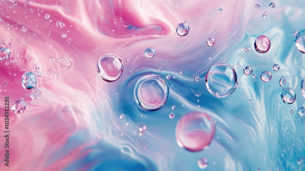 Paint droplets descend and blend in water creating swirling patterns with pink and blue hues beneath the surface