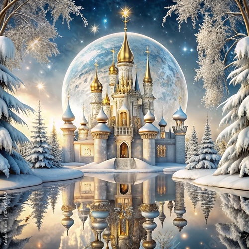 Fairytale winter castle with golden domes under a full moon, magical snowy landscape