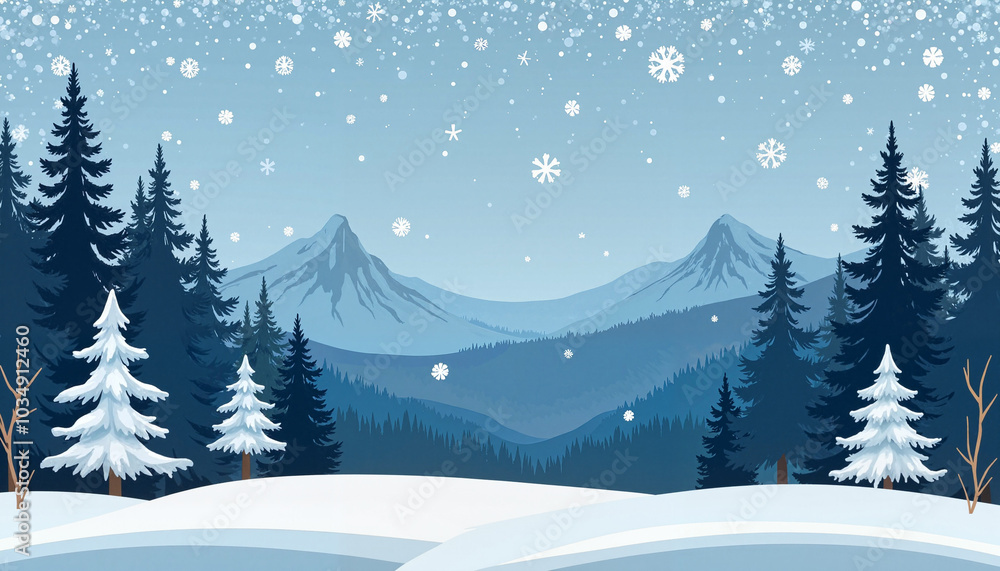 Winter forest landscape with snowy trees and mountains Winter forest landscape with snowy trees and mountains