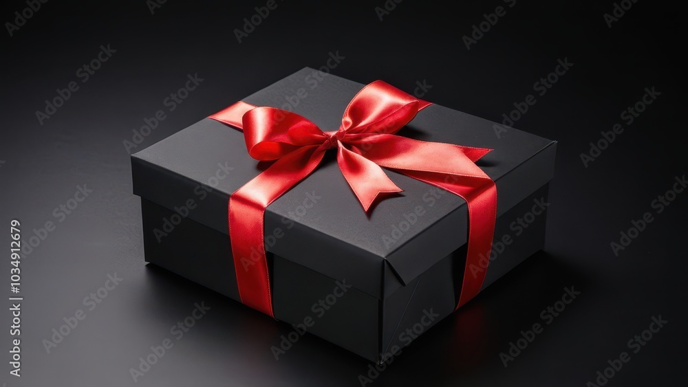 Obraz premium Luxury Gift Box with Red Satin Ribbon. A matte black gift box tied with a red satin ribbon. Clean and elegant, perfect for holiday promotions, greeting cards, and marketing visuals