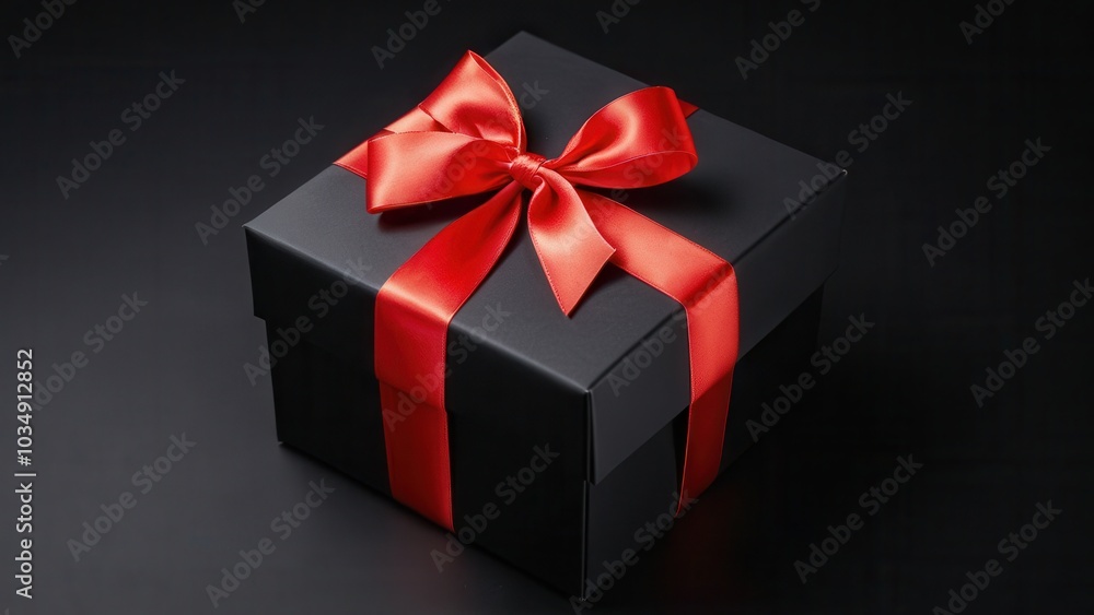 Fototapeta premium Elegant Black Gift Box with Red Ribbon. A sleek black gift box with a vibrant red satin ribbon bow, set against a dark background. Perfect for festive, luxury, or promotional designs
