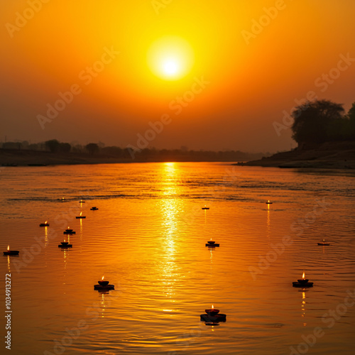 Warm, radiant sunset over a...