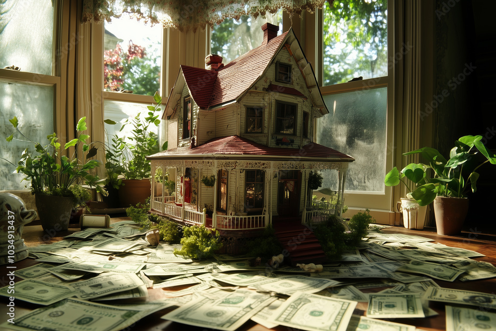 Fototapeta premium Miniature House Surrounded by Cash