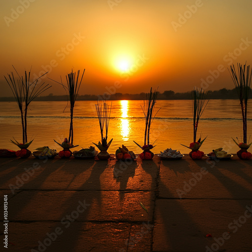 Sunset view with ritual arrangements along the riverbank photo