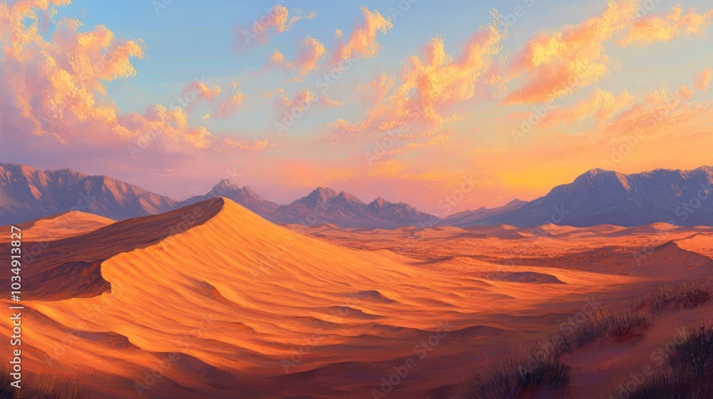 Naklejka premium A sweeping desert scene features undulating sand dunes bathed in warm sunset colors complemented by distant mountains on the horizon