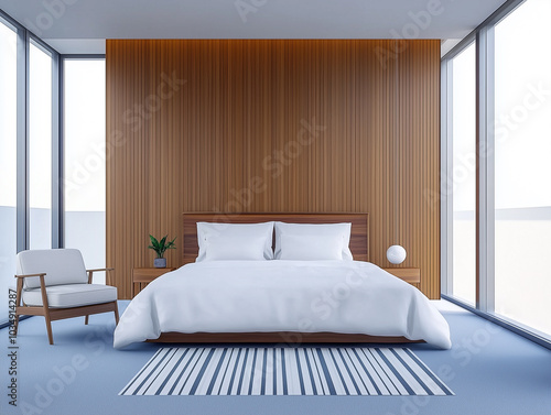 Wallpaper Mural Minimalistisches Schlafzimmer oder Hotelzimmer mit großen Fenstern mit Blick auf die Stadt. Modernes Design  Torontodigital.ca