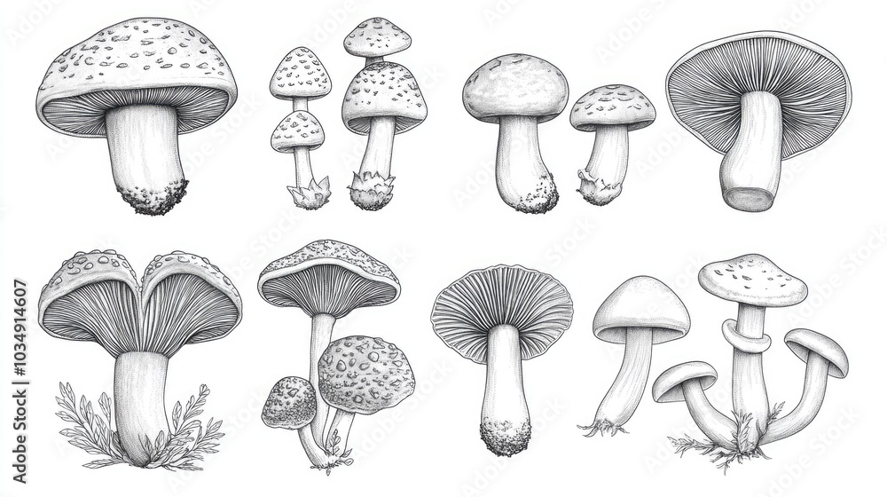 Engraved botanical illustration of assorted vegetables and mushrooms, drawn in black and white with soft green highlights for a natural, vintage feel. Engraved botanical illustration of assorted vegetables and mushrooms, drawn in black and white with soft green highlights for a natural, vintage feel.