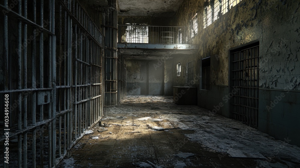 Gloomy prison cell with steel bars, a dimly lit space with peeling walls, and a bare floor evoking a sense of abandonment. Gloomy prison cell with steel bars, a dimly lit space with peeling walls, and a bare floor evoking a sense of abandonment.