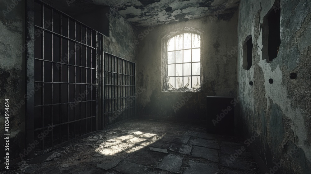 Gloomy prison cell with steel bars, a dimly lit space with peeling walls, and a bare floor evoking a sense of abandonment. Gloomy prison cell with steel bars, a dimly lit space with peeling walls, and a bare floor evoking a sense of abandonment.