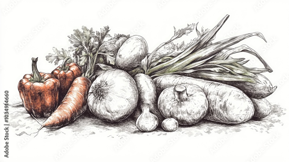 Engraved drawing of assorted vegetables and mushrooms, detailed in black and white with touches of green, evoking a vintage botanical feel. Engraved drawing of assorted vegetables and mushrooms, detailed in black and white with touches of green, evoking a vintage botanical feel.