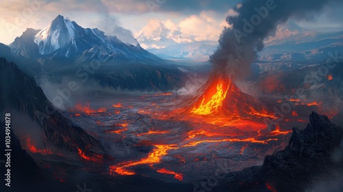 Volcanic crater featuring steaming geysers flowing lava and dramatic peaks in the background designed for a gaming environment