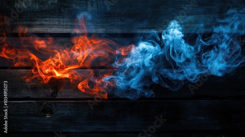 A captivating blend of fiery and icy smoke on a wooden surface producing a stunning visual contrast between hot and cold elements photo