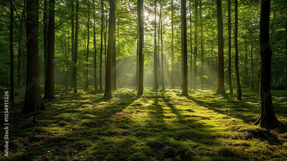 Serene Forest with Sunlight and Green Ferns Serene Forest with Sunlight and Green Ferns
