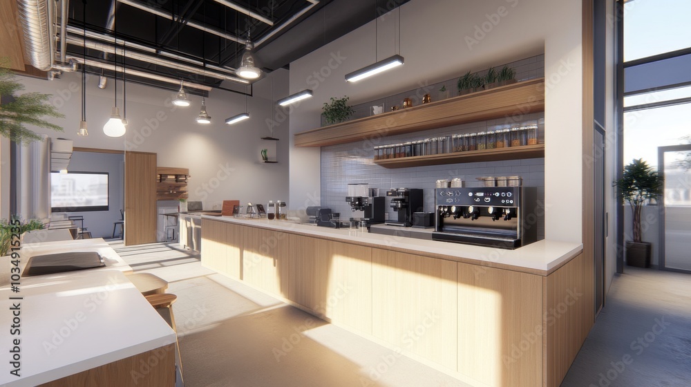 High-tech startup office kitchenette featuring clean lines, high-end coffee machines, and a stylish bar for a modern workspace vibe. High-tech startup office kitchenette featuring clean lines, high-end coffee machines, and a stylish bar for a modern workspace vibe.