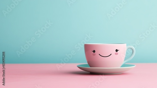 Adorable pink cup with a smiley face on a pastel background, perfect for cheerful coffee moments.