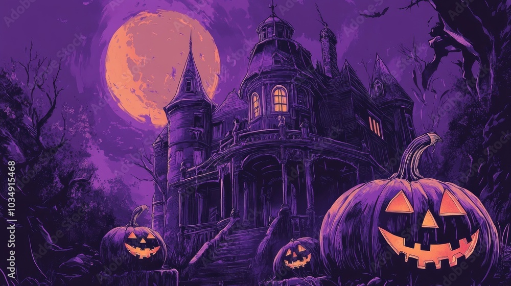 Graphic t shirt design featuring a Halloween haunted house with pumpkin heads against a violet backdrop Graphic t shirt design featuring a Halloween haunted house with pumpkin heads against a violet backdrop