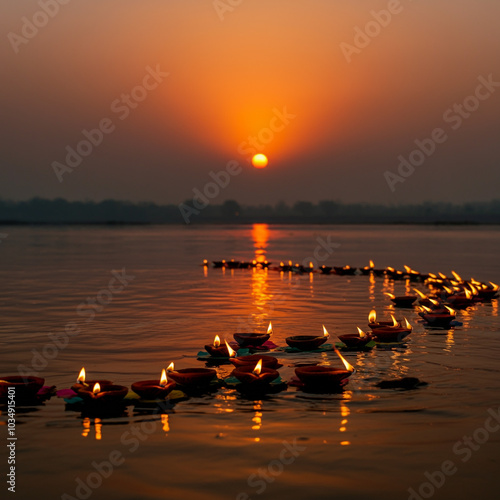 A scenic view of the sun setting over a river, with a line of floating diyas (lamps) gently illuminating the water, symbolizing peace and reverence photo